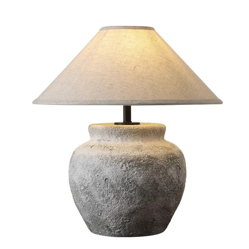 Nogy Wabi-Sabi Ceramic Table Lamp – Rustic Stone Texture with Linen Shade - NOGY