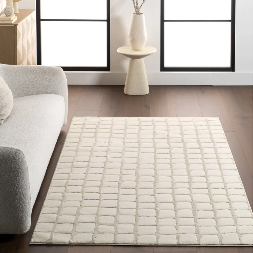 Beige area rug on a wooden floor with a white sofa and decorative elements.
