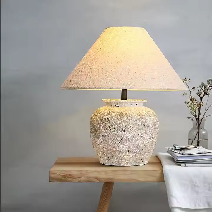 Nogy Wabi-Sabi Ceramic Table Lamp – Rustic Stone Texture with Linen Shade - NOGY