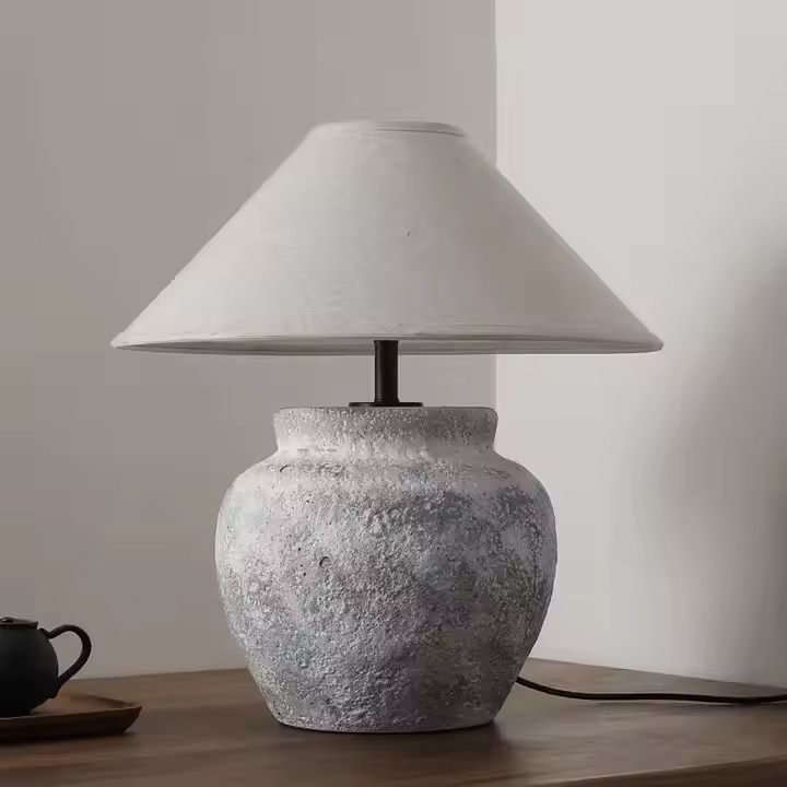 Nogy Wabi-Sabi Ceramic Table Lamp – Rustic Stone Texture with Linen Shade - NOGY