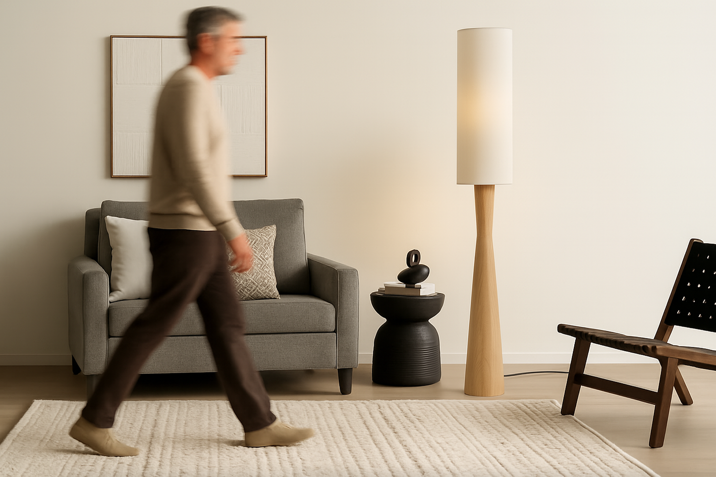 Nogy Japandi Linen Shade Floor Lamp with Wood Grain Base Minimalist Wrought Iron Design • 68in tall