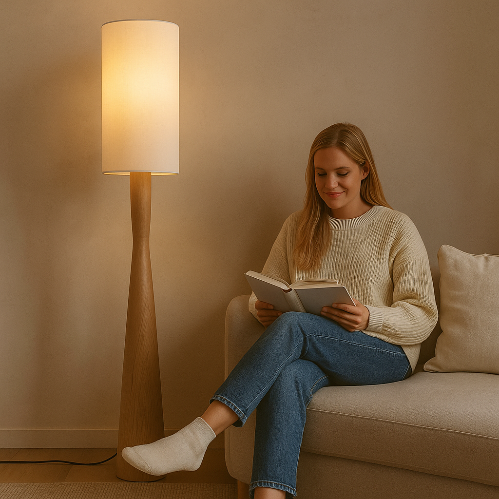 Nogy Japandi Linen Shade Floor Lamp with Wood Grain Base Minimalist Wrought Iron Design • 68in tall - NOGY