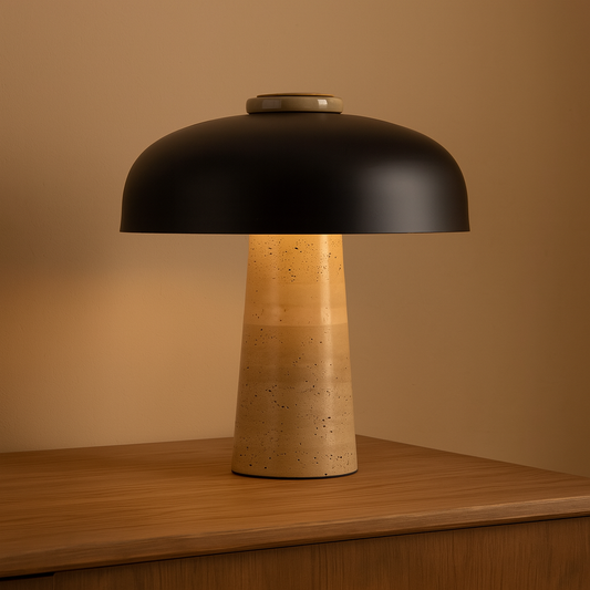 Nogy Mushroom Table Lamp – Textured Travertine Base & Matte Black Dome - NOGY