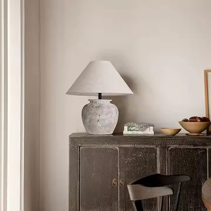 Nogy Wabi-Sabi Ceramic Table Lamp – Rustic Stone Texture with Linen Shade - NOGY