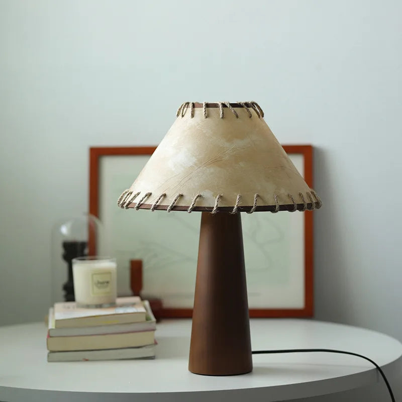 Nogy Handcrafted Japandi Table Lamp – Wood + Leather Style Shade, Linen & Natural Parchment Shade