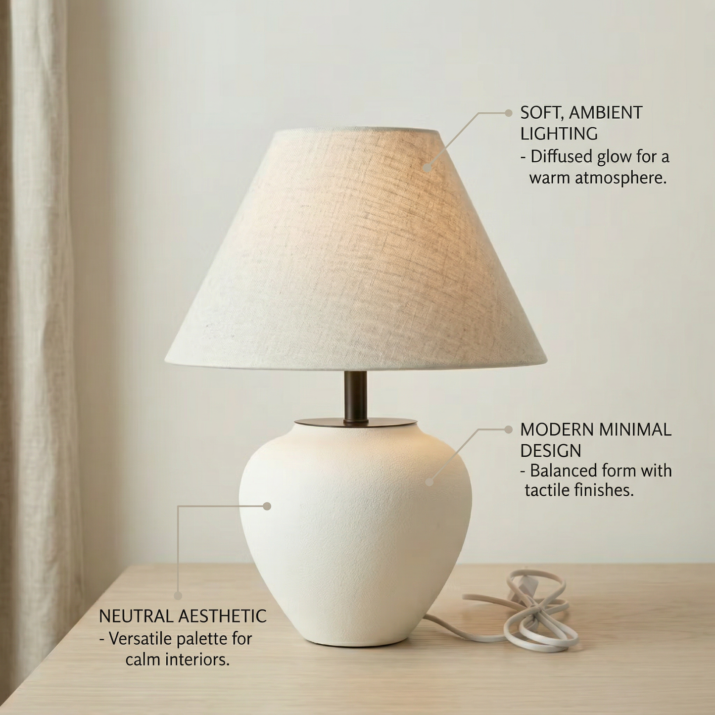 White japandi ceramic table lamp with linen shade showing soft ambient lighting, modern minimal design, and neutral aesthetic features