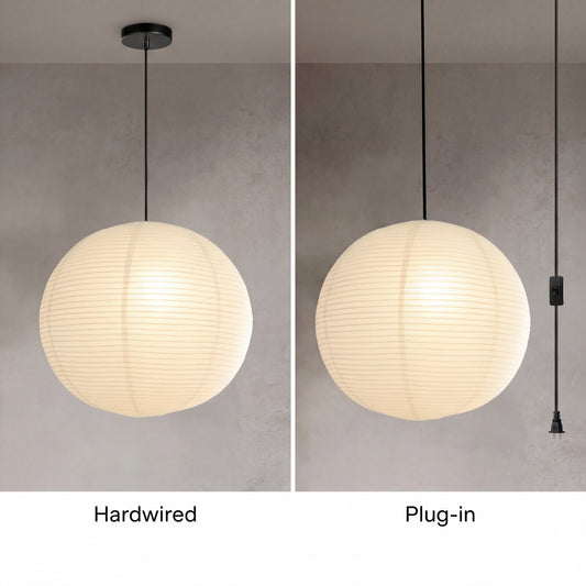Japanese rice paper lantern shown in hardwired and plug-in installation options