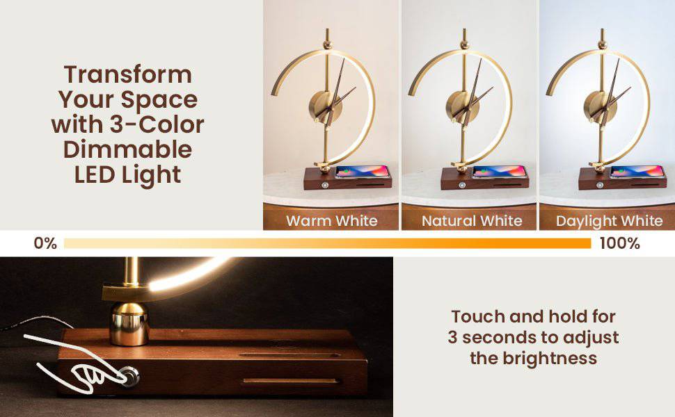 NOGY Clock Desk Lamp with Wireless Charger • Wireless Charger Lamp with Analog Clock • Analog Desk Clock LED Lamp Wireless Charger • Home Office Desk Lamp - NOGY