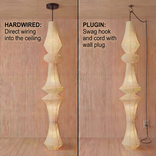 Hardwired vs. plug-in installation guide for artisanal Japanese sculptural pendant lights.