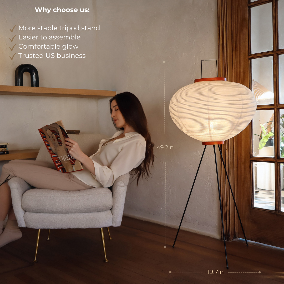 NOGY Round Tripod Floor Lamp, Tripod Washi Paper Floor Lamp, Lamp with Wooden Ring - NOGY
