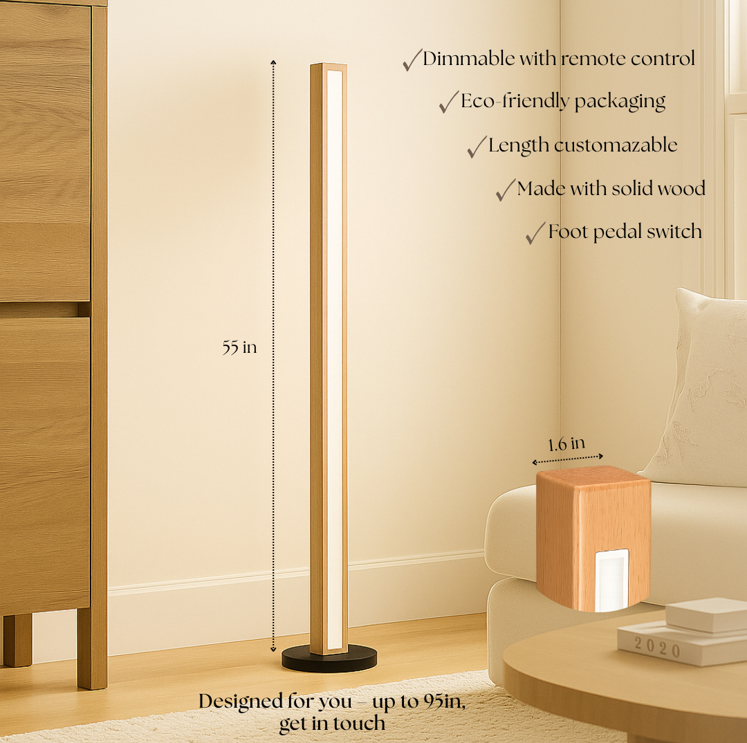 Nogy Wood Linear Floor Lamp • Minimalist Corner LED Floor Lamp with Remote • Dimmable & Color Temperature Changing With Remote Control - NOGY