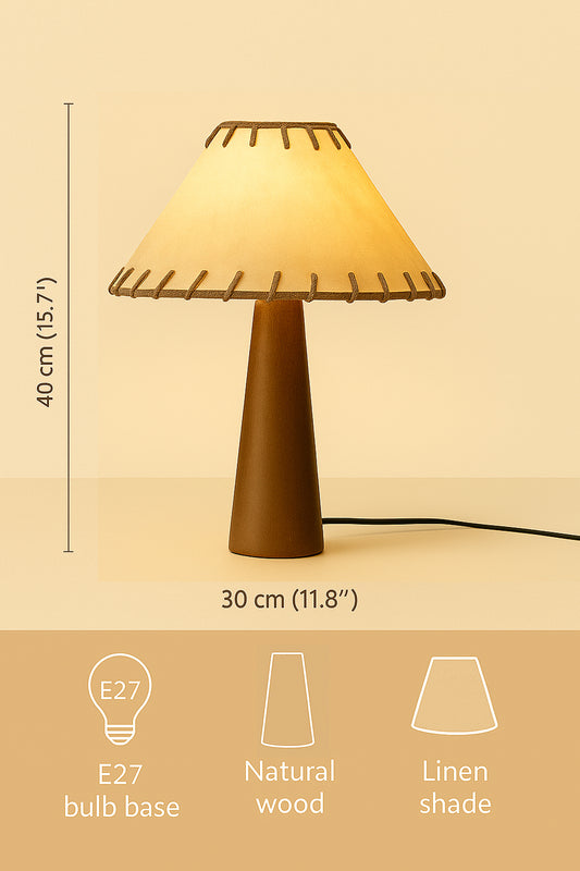 Nogy Handcrafted Japandi Table Lamp – Wood + Leather Style Shade, Linen & Natural Parchment Shade - NOGY