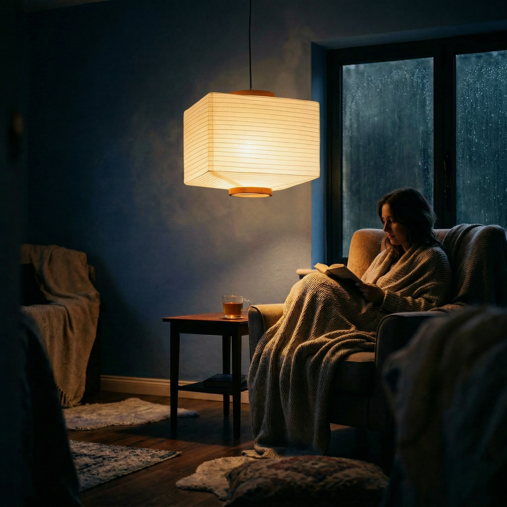 Japanese rice paper pendant used as ambient living room lighting