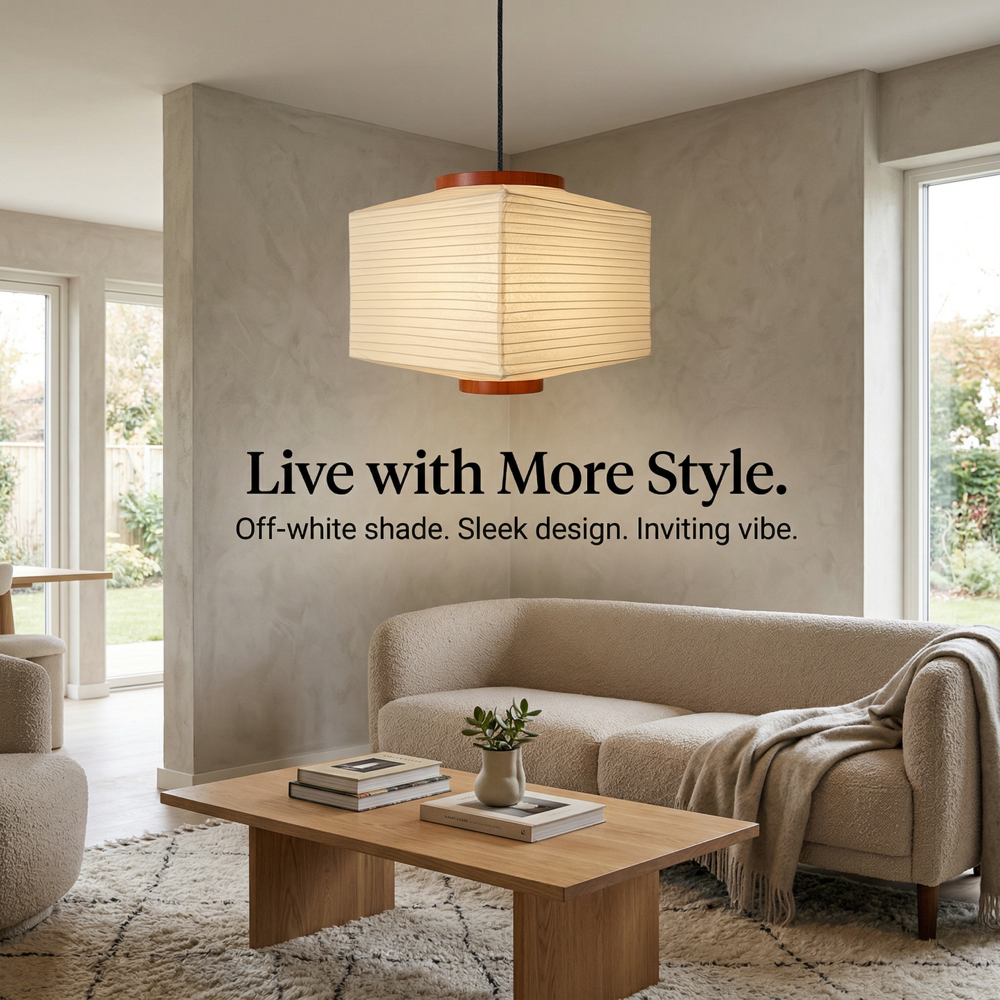 Akari paper pendant lamp in a Japandi living room, casting a soft ambient glow with a sleek design and warm, inviting vibe.