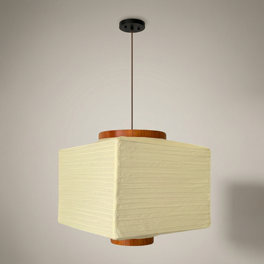 Akari pendant lamp with off-white washi paper shade and wooden rings, modern minimalist hanging ceiling light