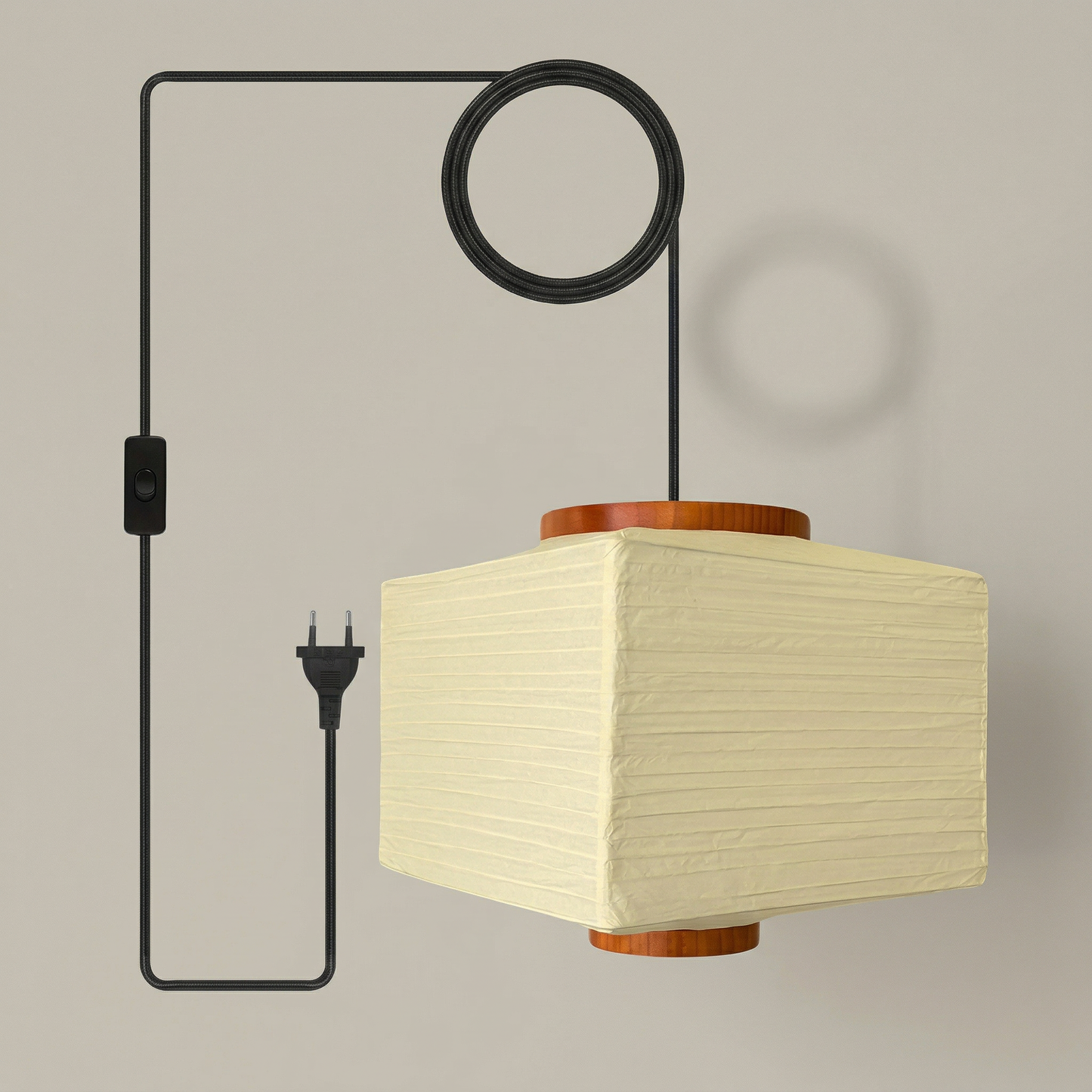 Akari pendant lamp with off-white washi paper shade and wooden rings, modern minimalist hanging ceiling light
