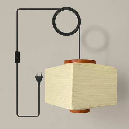 Akari pendant lamp with off-white washi paper shade and wooden rings, modern minimalist hanging ceiling light