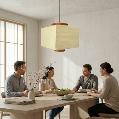 Japanese rice paper square pendant used as ambient dining room lighting