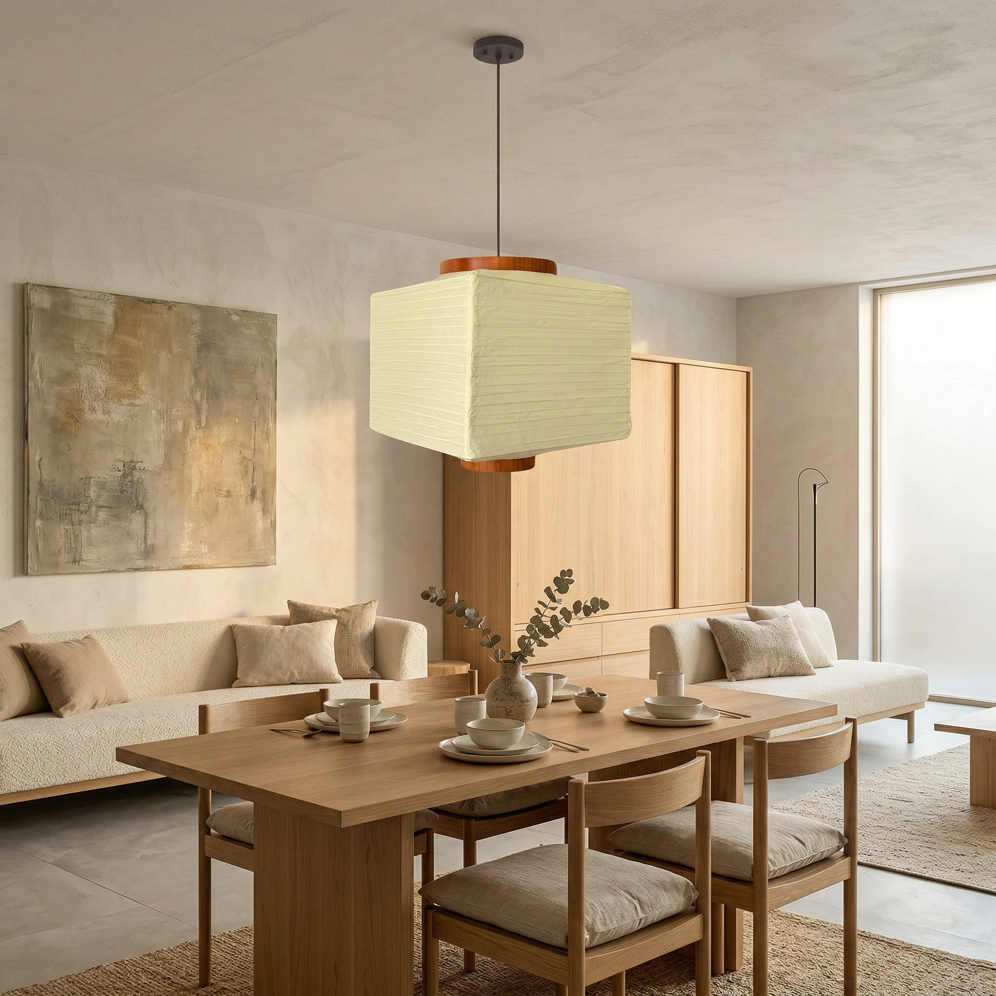 Modern square rice paper pendant light illuminating a cozy dining space, creating a serene ambiance in a light-filled minimalist room decorated with indoor plants and natural wood furniture.