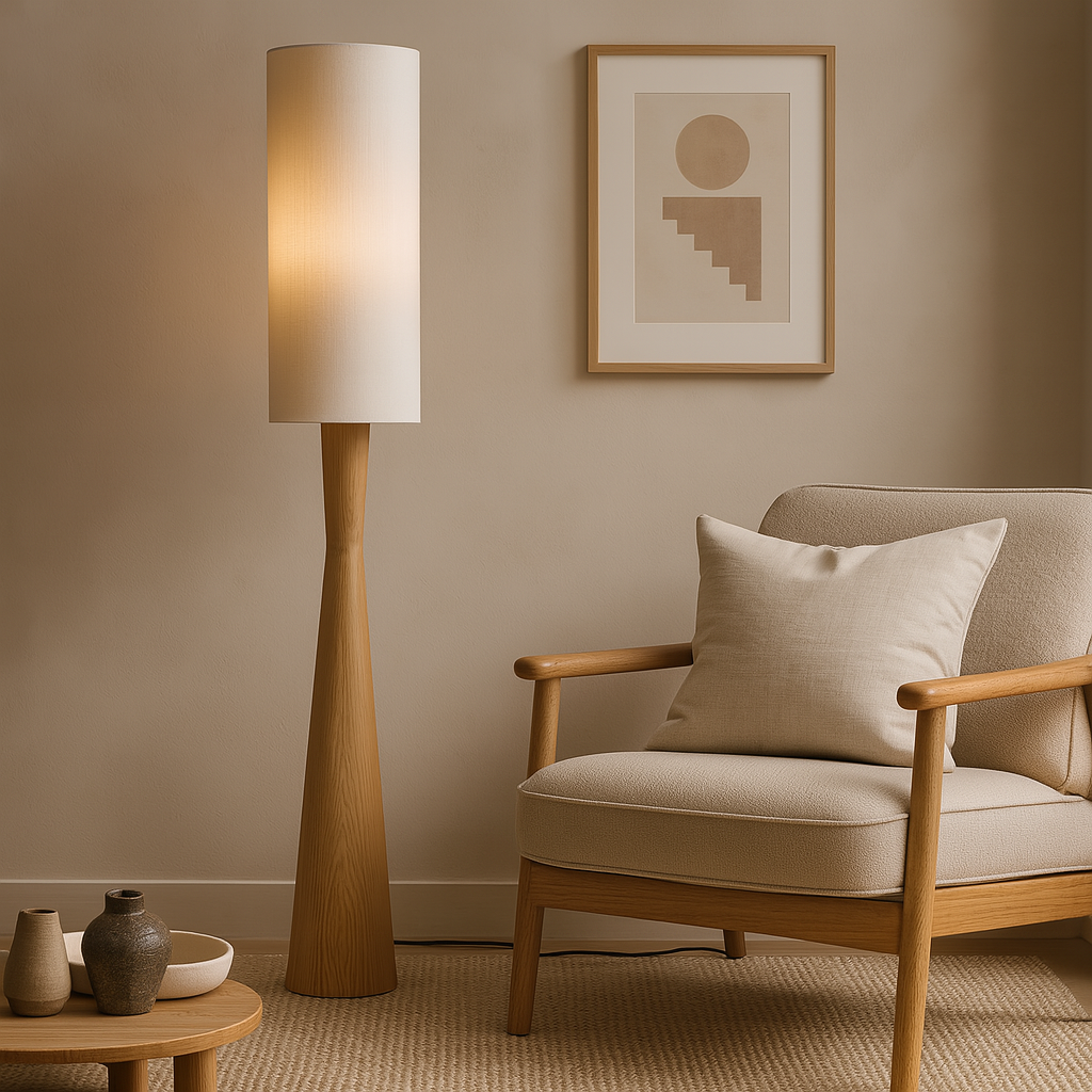 Nogy Japandi Linen Shade Floor Lamp with Wood Grain Base Minimalist Wrought Iron Design • 68in tall