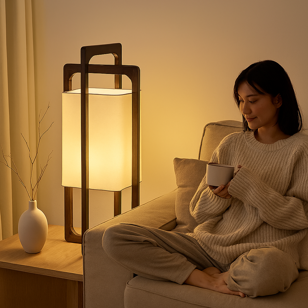 Nogy Hako Floor Lamp – Japandi Wooden Light with Linen Glow - NOGY