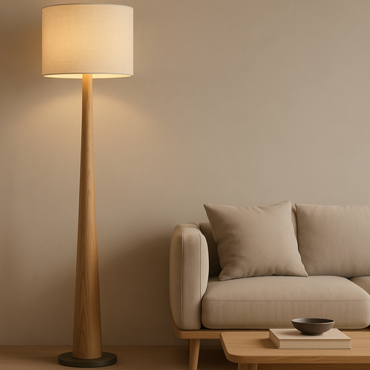 Nogy Japandi Tapered Wood-Style Floor Lamp - Minimalist Column Design with Fabric Drum Shade