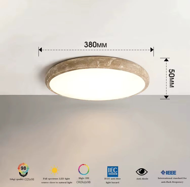 Ceiling light fixture with dimensions and certification logos on a white background