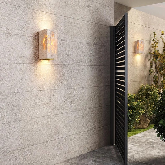 Nogy Modern Yellow Travertine LED Outdoor Wall Sconce – Square Stone Lamp