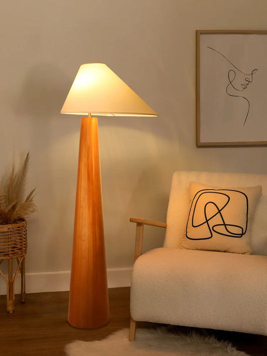 Nogy Sora Floor Lamp - Cone Wood Style with Linen Shade – Minimalist Warm Ambient Lighting - NOGY