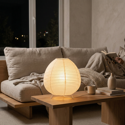 Japandi rice paper table lamp emitting a warm glow on a wooden coffee table in a cozy living room, styled with books and a vase next to a sofa.