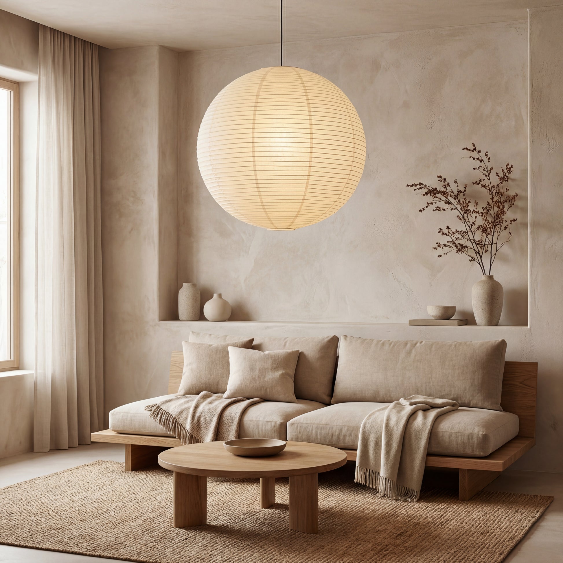 Japanese rice paper lantern casting warm ambient light in a light-colored minimalist living room with natural wood decor.