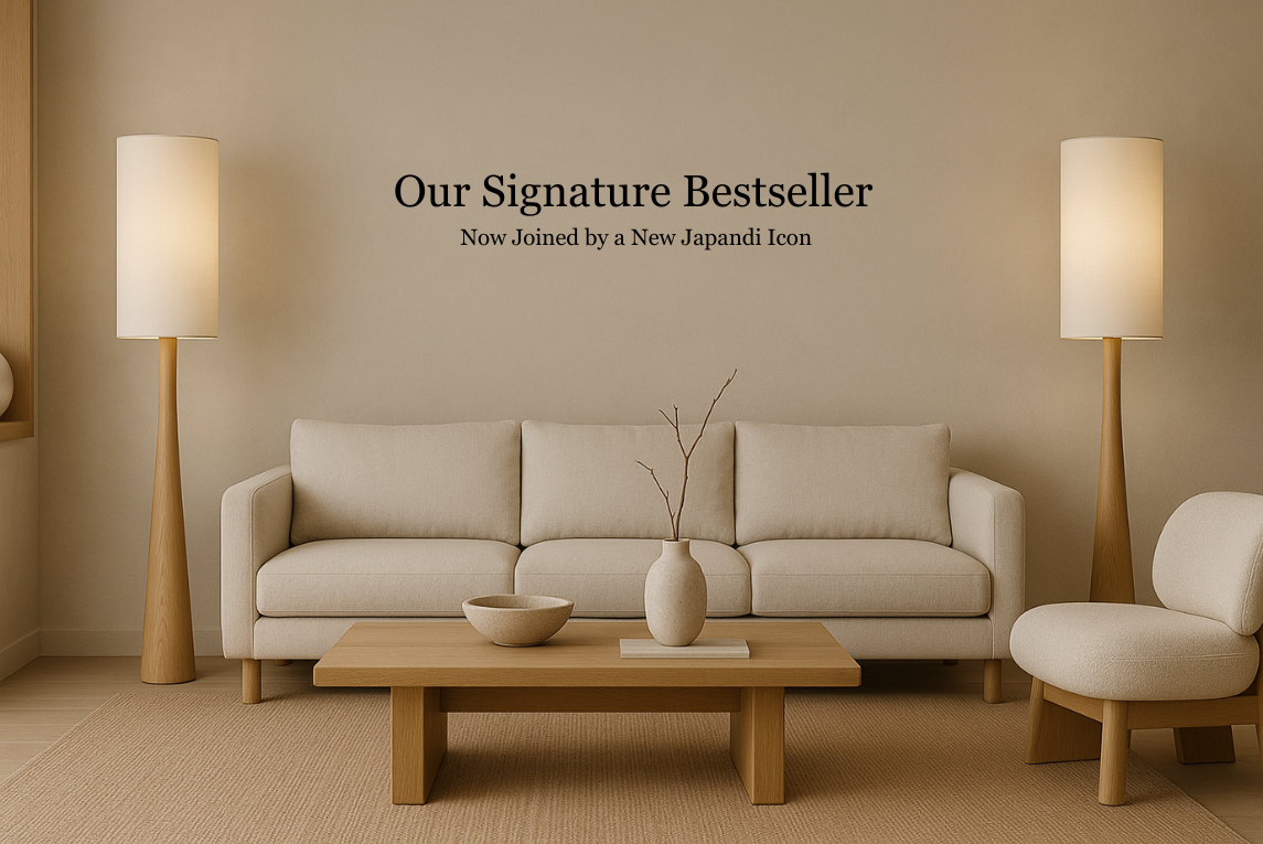 Beige living room with a sofa, coffee table, and floor lamps, featuring text about a signature bestseller.