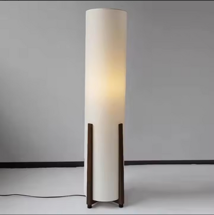 Nogy Japandi Cylinder Floor Lamp – Fabric Shade with Walnut Wood Color Legs Minimalist Ambient Lighting - NOGY