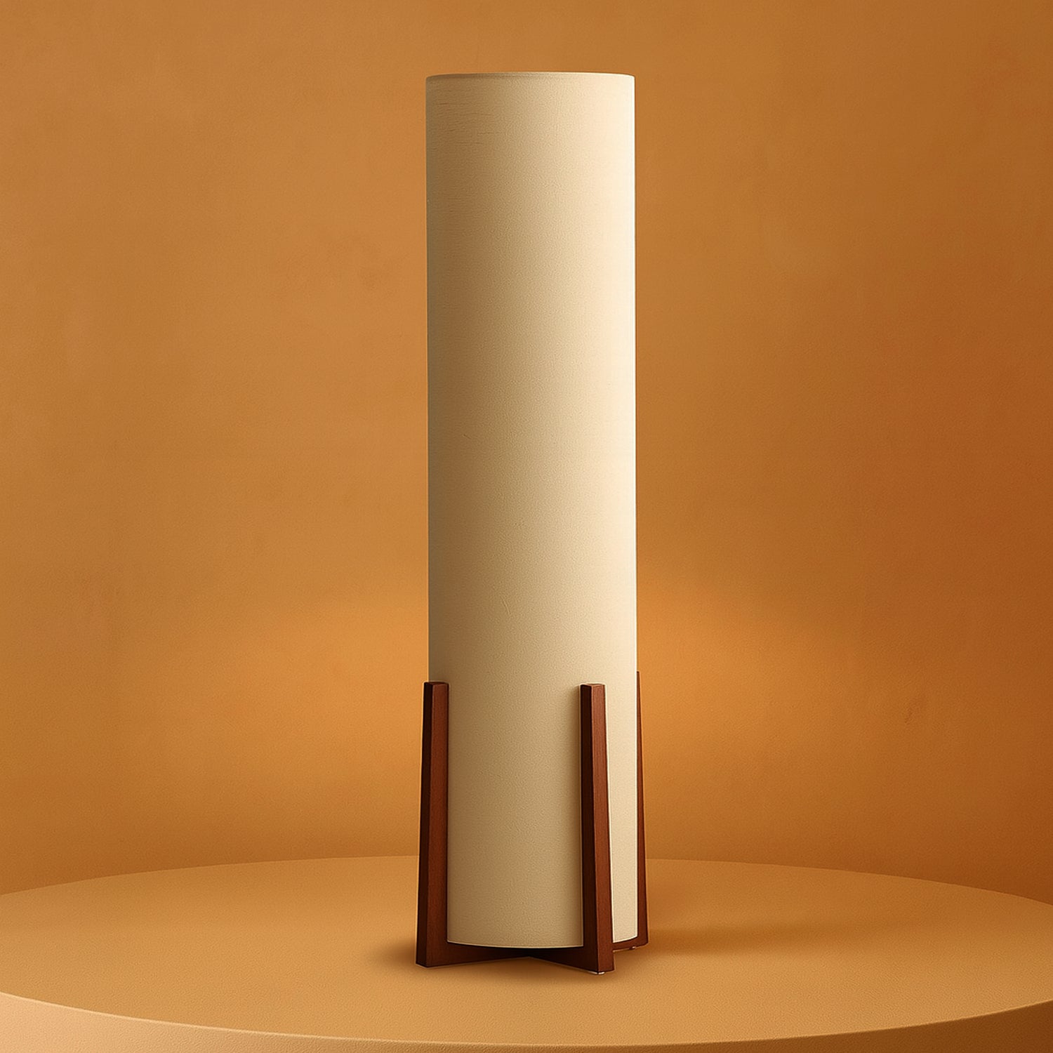 Nogy Japandi Cylinder Floor Lamp – Fabric Shade with Walnut Wood Color Legs Minimalist Ambient Lighting