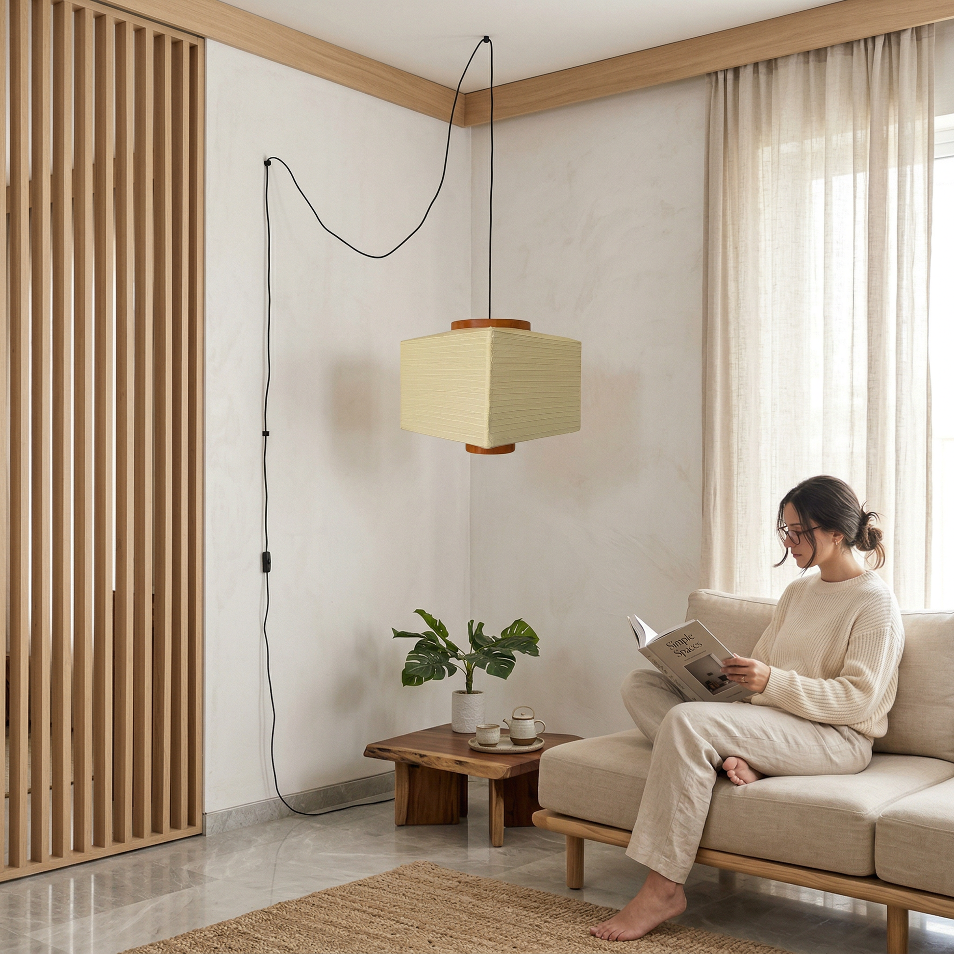 Woman reading on a light sofa under an Akari paper pendant lamp with a black cord, creating a warm, cozy Japandi living room ambiance.