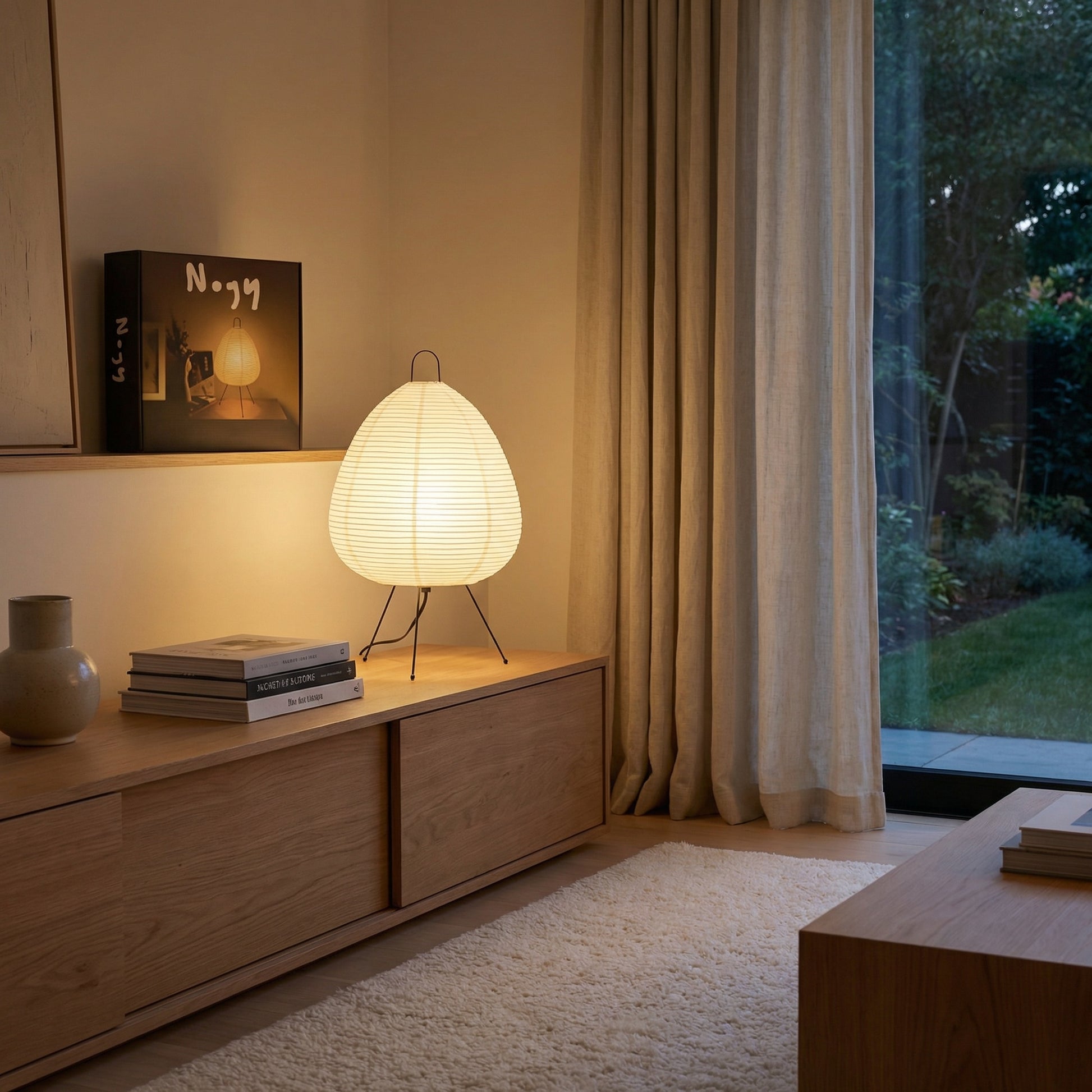 Akari style Japanese paper table lamp providing warm ambient light
