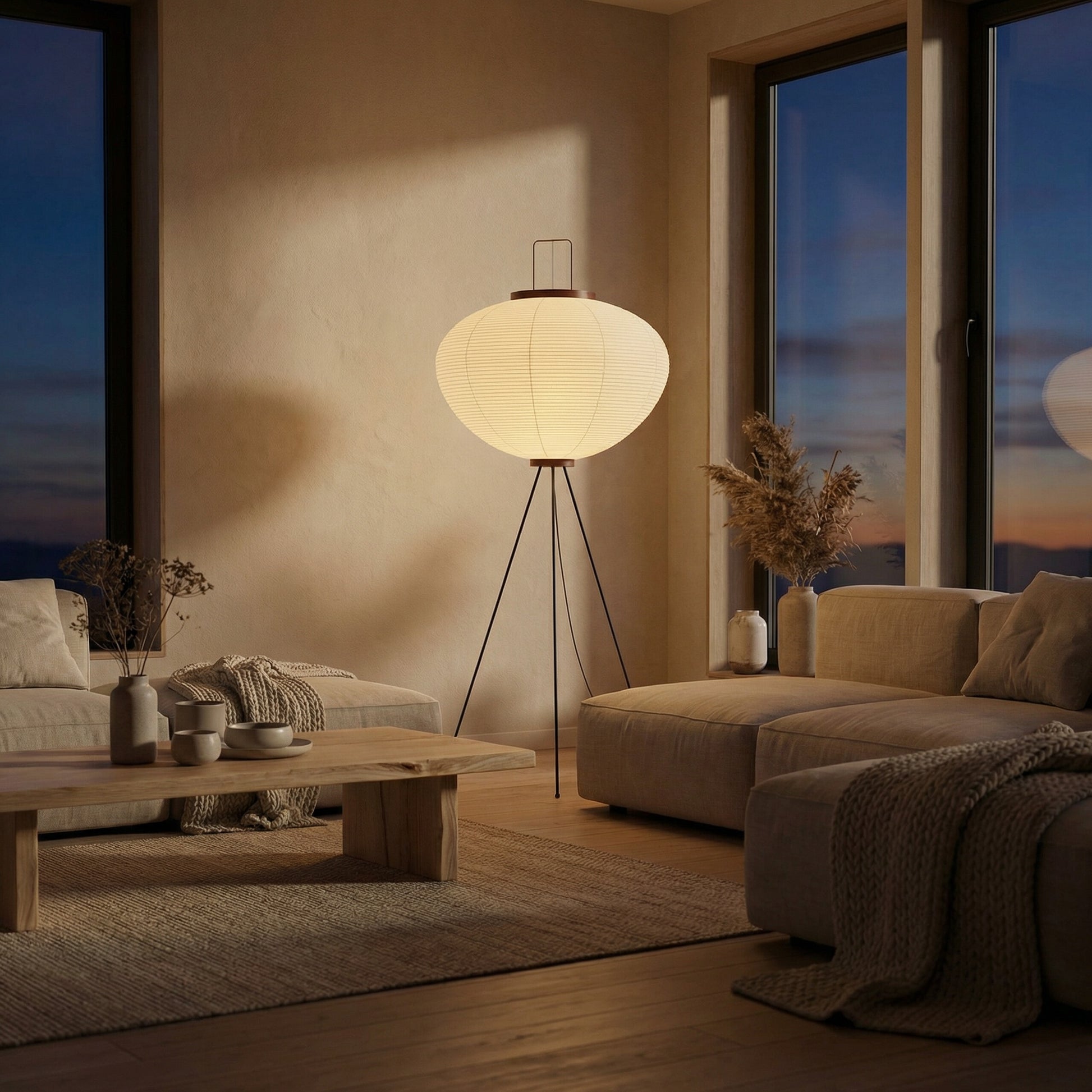 Akari style tripod floor lamp providing warm ambient light at night
