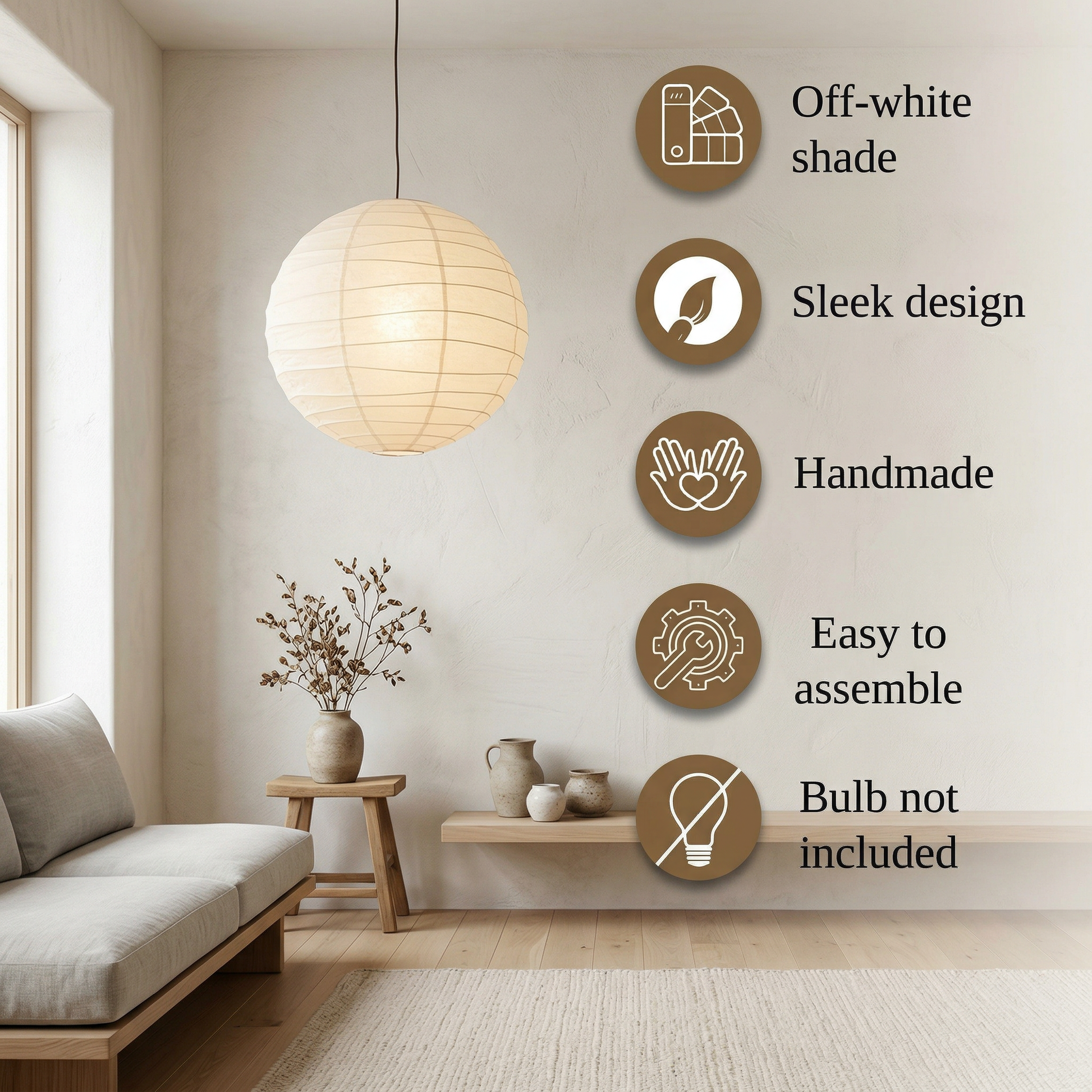 Asian style lantern - Off White Paper Pendant - Rice Paper Pendant - Hardwire or Plug in Available - NOGY