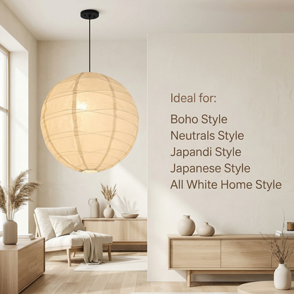 Japandi and Japanese style rice paper globe pendant lantern over a bright all-white living room with neutral boho decor
