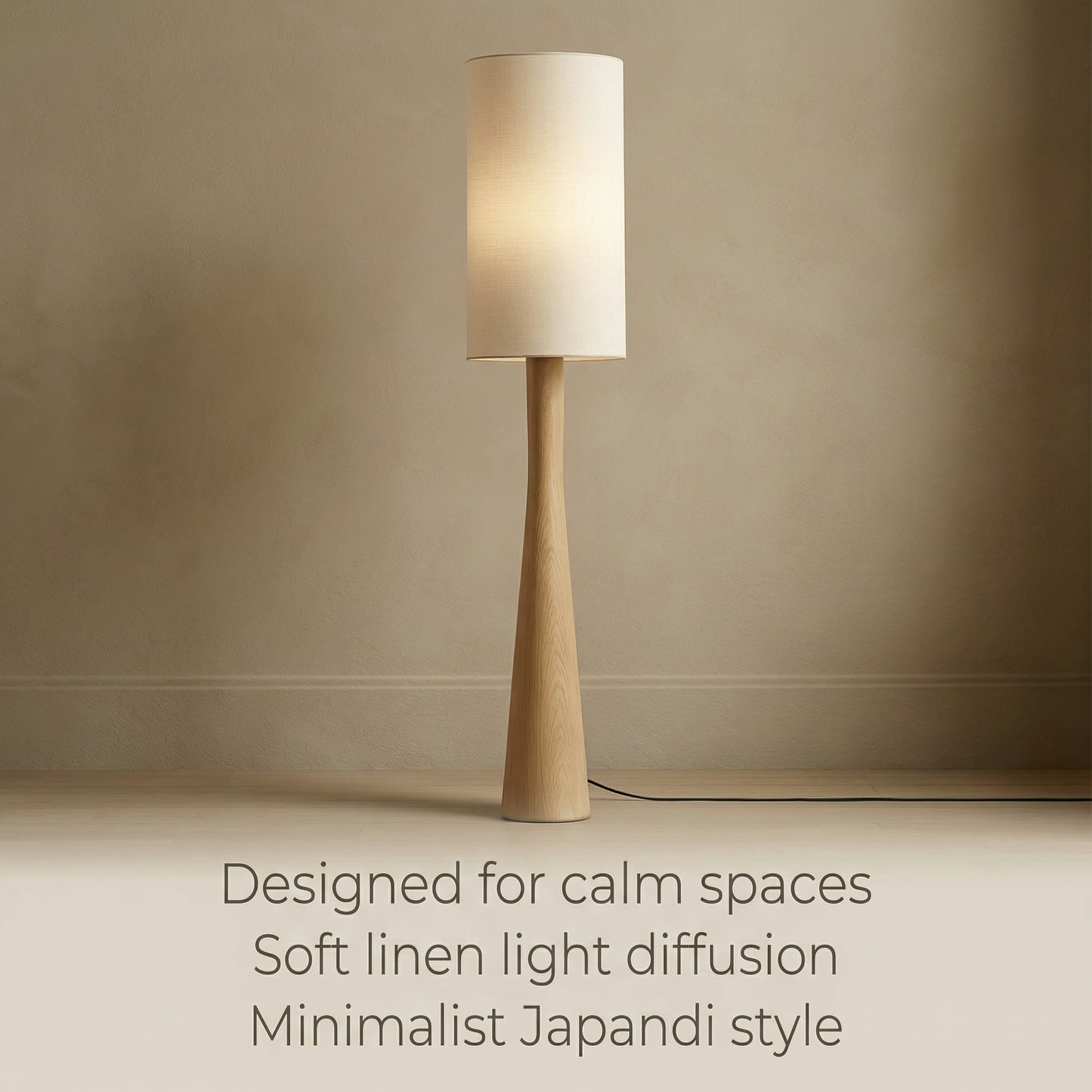 Minimalist floor lamp for calm interiors, featuring soft linen light diffusion and an organic wooden design in a Japandi-style aesthetic.