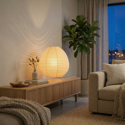 Japandi paper lantern lamp casting a warm glow on a wooden sideboard in a cozy living room