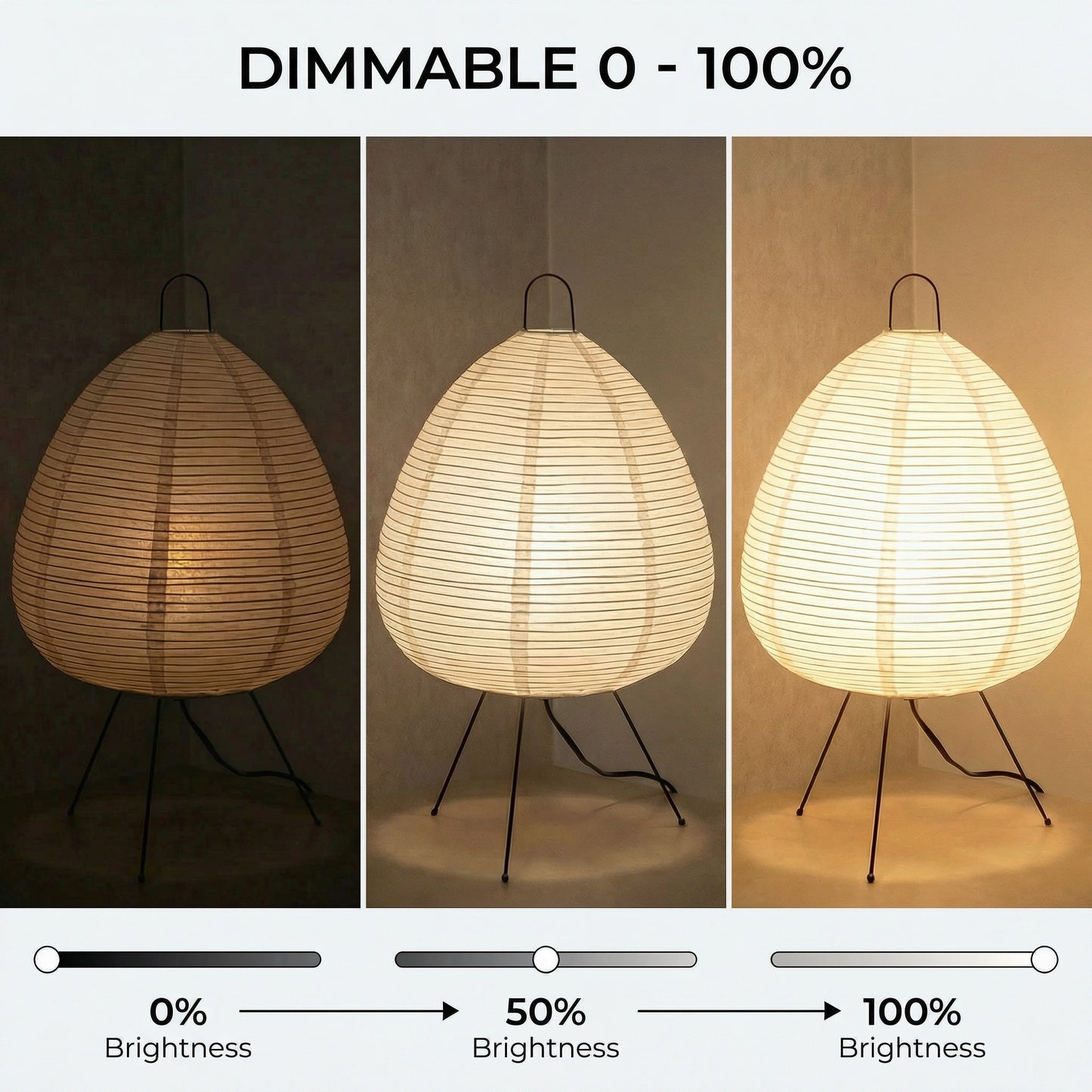 Dimmable Japanese paper table lamp showing brightness from low to full light
