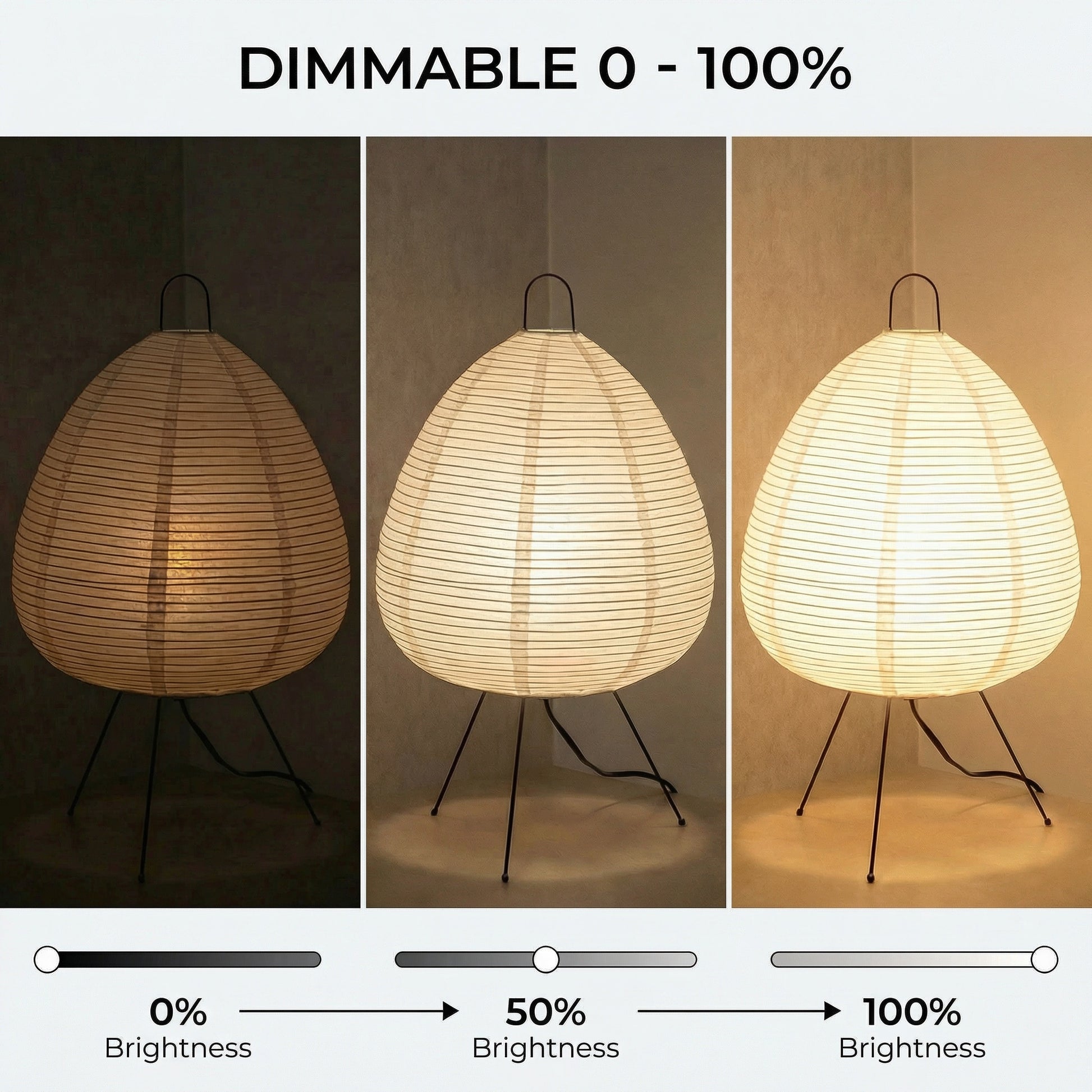 Dimmable Japanese paper table lamp showing brightness from low to full light

