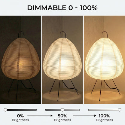 Dimmable Japanese paper table lamp showing brightness from low to full light
