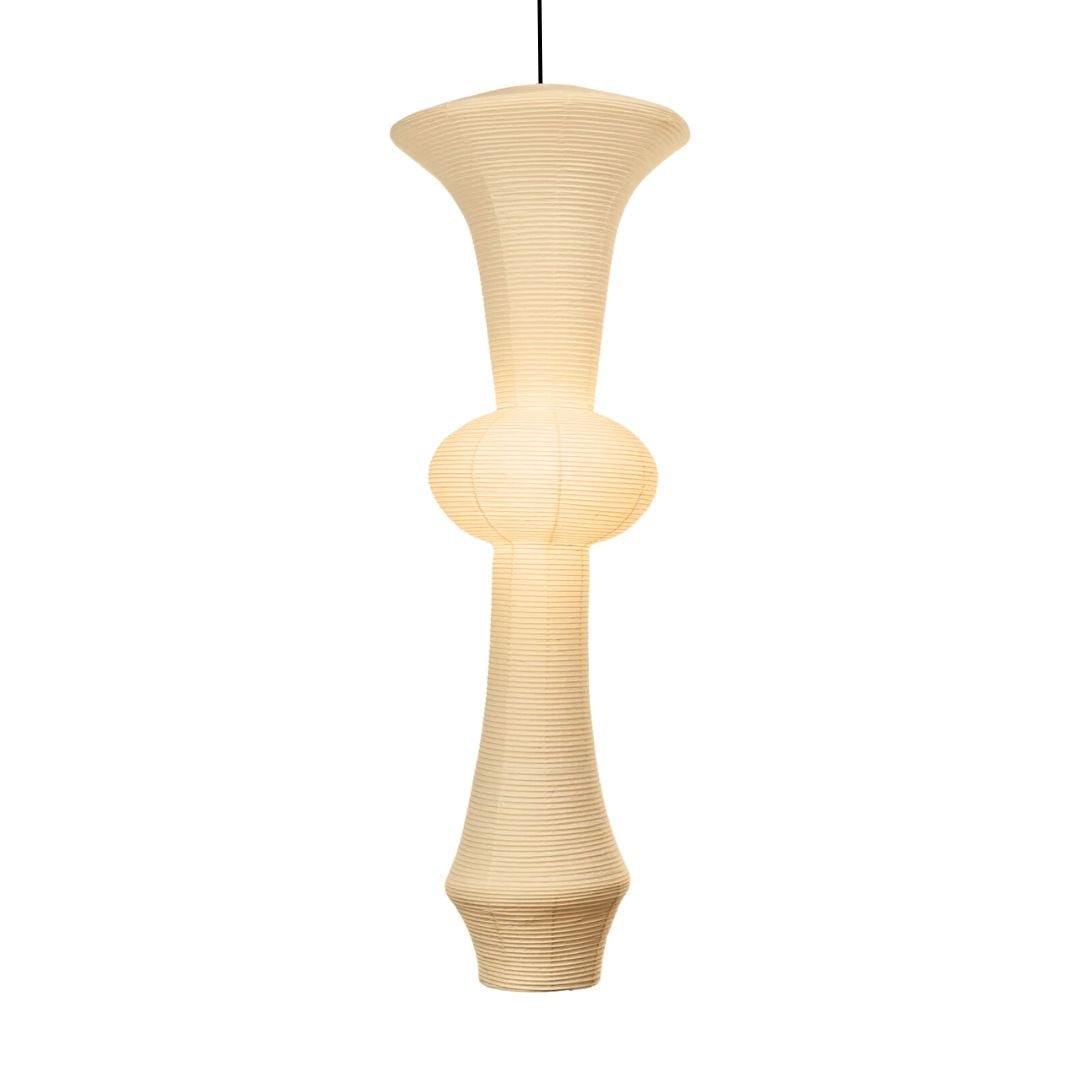 White handcrafted Japanese rice paper pendant light with LED bulb, mid-century modern design
