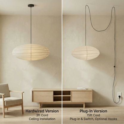 Modern rice paper pendant light installation types: hardwired ceiling mount vs. plug-in pendant with 15ft cord for easy setup.
