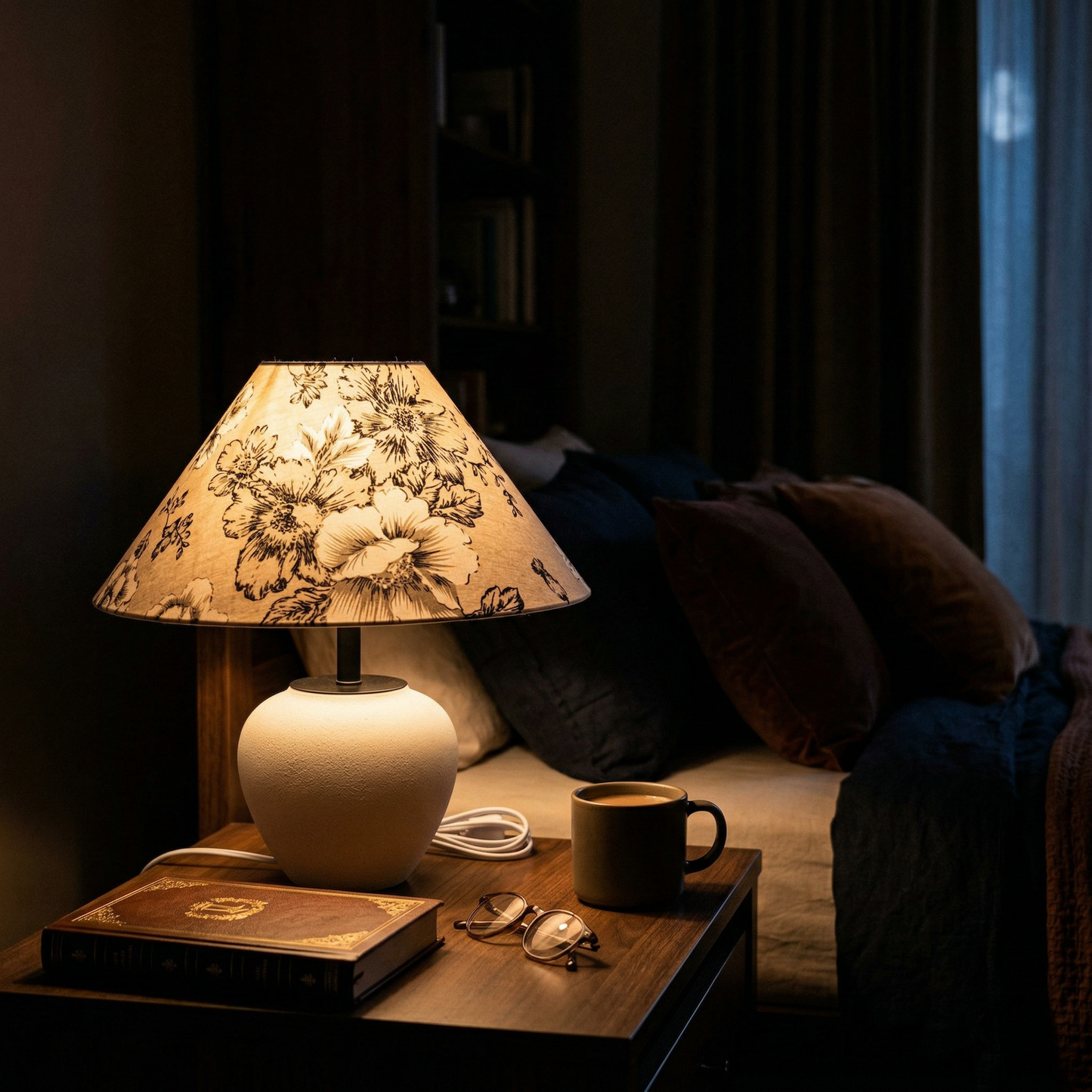Nogy round Japandi ceramic table lamp  illuminating a cozy reading corner