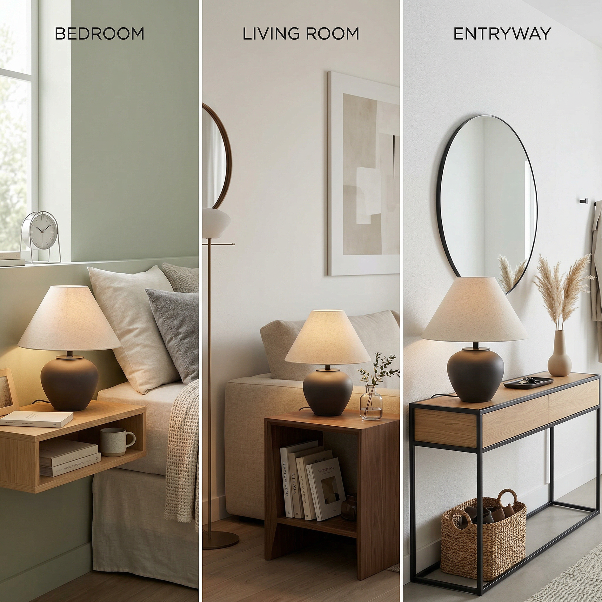 Japandi ceramic table lamp with warm linen shade styled in bedroom, living room, and entryway settings