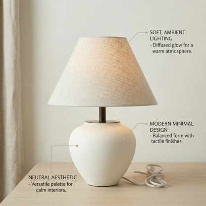 White japandi ceramic table lamp with linen shade showing soft ambient lighting, modern minimal design, and neutral aesthetic features