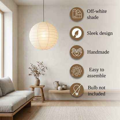 Off-white rice paper globe pendant lantern with sleek Japandi style shown in a bright living room